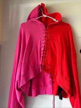Two-Tone Pink and Red Lace-Up Hooded Sweatshirt